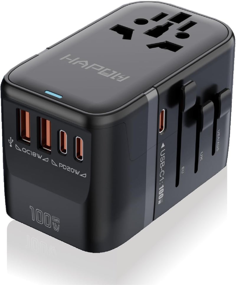 HAPOW Universal Travel Adapter, PD100W International Power Adapter,3 USB-C & 2 USB-A Fast Charging Travel Charger, All in One Worldwide Travel Plug Adapter, Outlet Adapter for EU UK USA AU, Black - Image 1